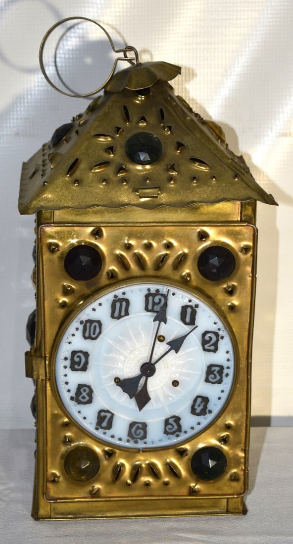 ARTS & CRAFTS PUNCHED BRASS LANTERN CLOCK, 19TH C.: ARTS & CRAFTS PUNCHED BRASS LANTERN CLOCK, 19TH C., H. 14"