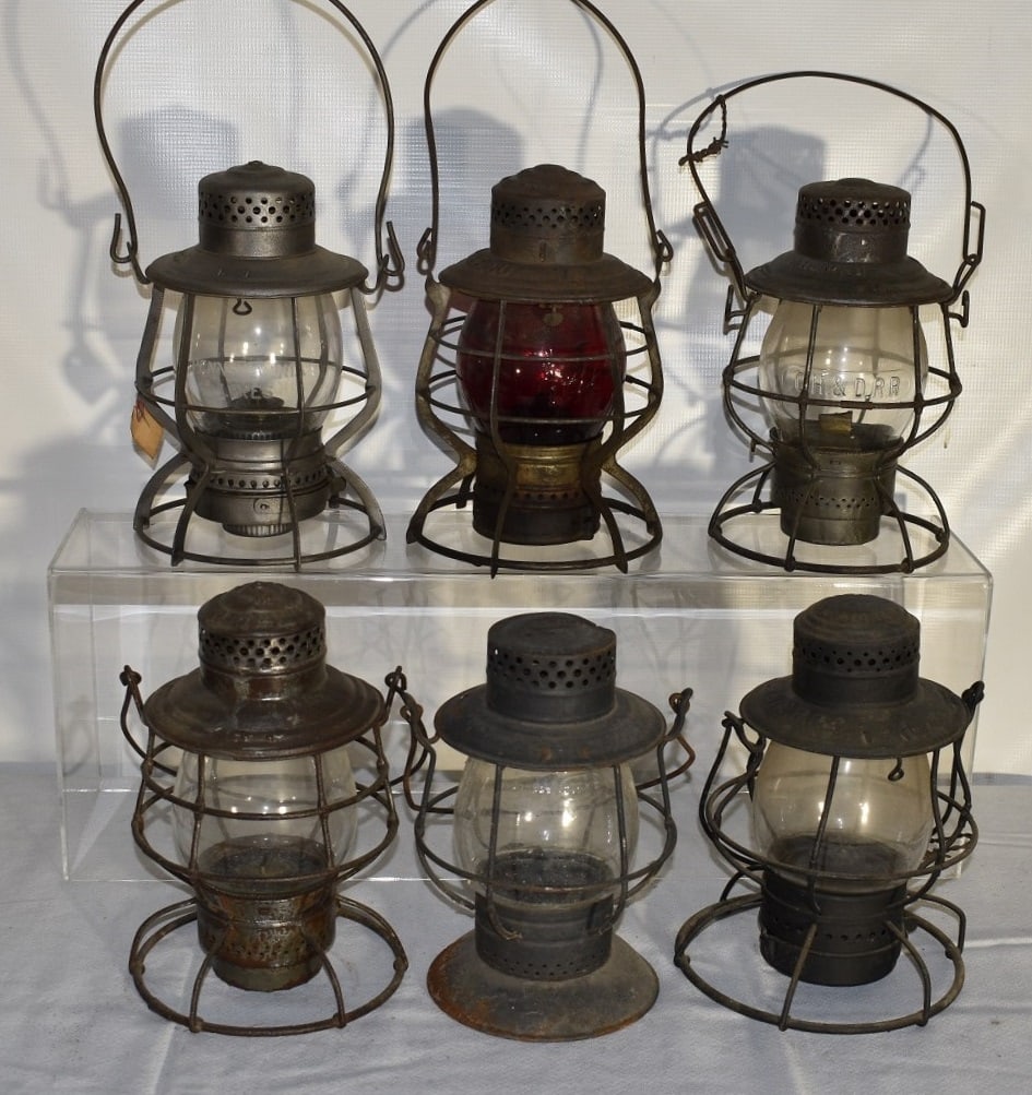 6 EARLY RR LANTERNS INCL. C.H.&D RY, W.M. RY, L&NE, D&H: LOT (6) EARLY RAILROAD LANTERNS INCL. C.H. & D RY., W.M. RY., L & NE, D & H.C CO., PENN LINES, 19/20TH C.