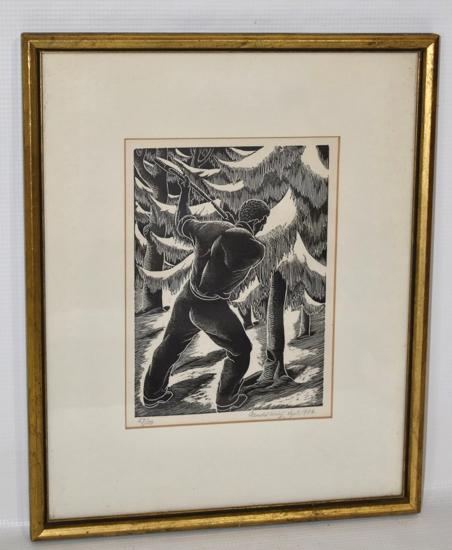 ETCHING TREE CHOPPER SIGNED ARNOLD WILTZ (1889-1937): ETCHING TREE CHOPPER SIGNED ARNOLD WILTZ (1889-1937 WOODSTOCK NY, KINGSTON NY, GERMANY) DATED 1936, 8" X 6"