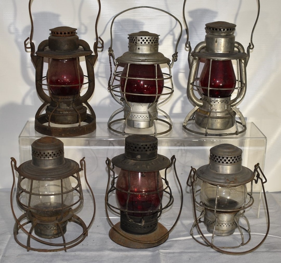 6 EARLY RR LANTERNS INCL. NY NH & H, NY O & W, P & R RY: LOT (6) EARLY RAILROAD LANTERNS INCL. NY NH & H, NY O & W, P & R RY., C.R.R. OF NJ, D.T & I, R.D.G. CO., 19/20TH C.