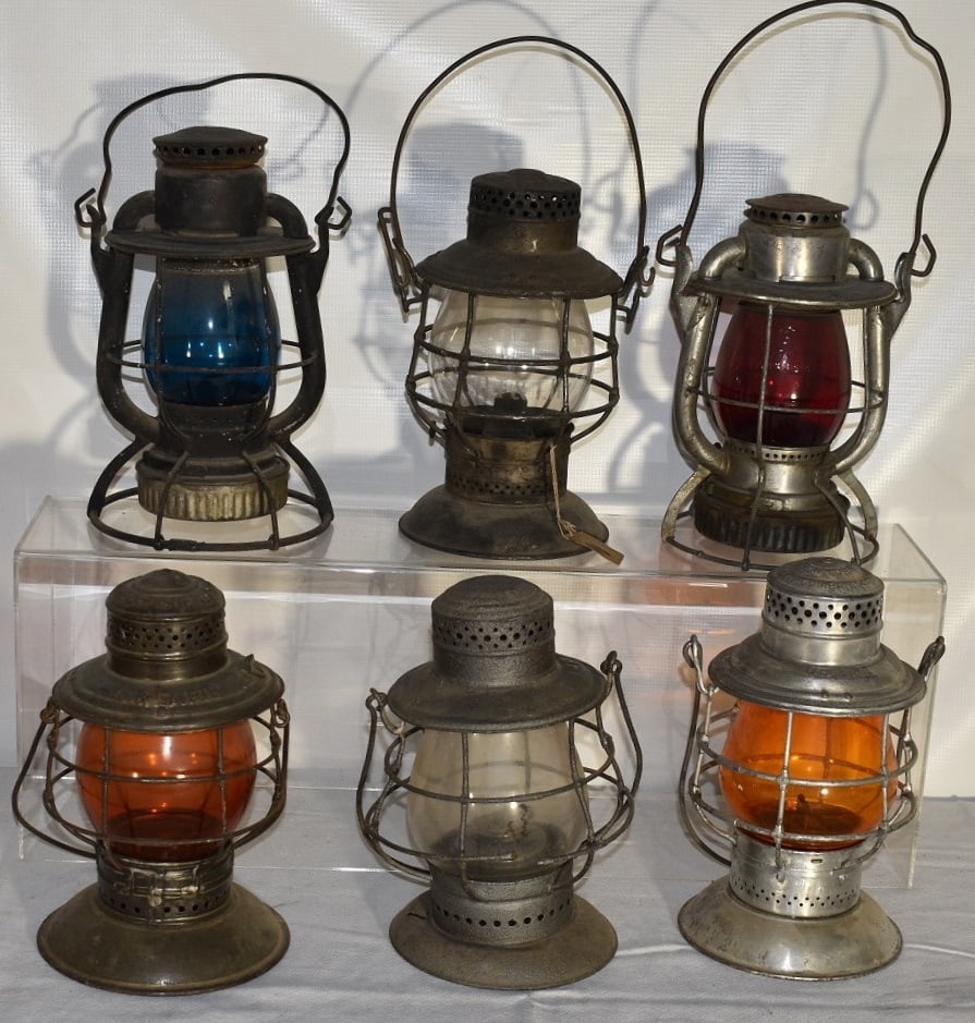 6 EARLY RR LANTERNS INCL. M.O. & L.A., B&M, D.T. & I RY: LOT (6) EARLY RAILROAD LANTERNS INCL. M.O. & L.A., B & M, D.T. & I RY., L & H R RY., C & S RY., NY CENTRAL, 19/20TH C.