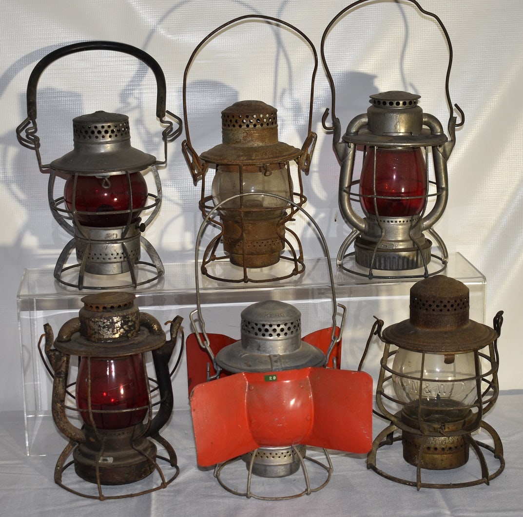 6 EARLY RR LANTERNS INCL. BELT RR, NY O & W, N & W RY.: LOT (6) EARLY RAILROAD LANTERNS INCL. BELT RR, NY O & W, N & W RY., LIRR, 19/20TH C.