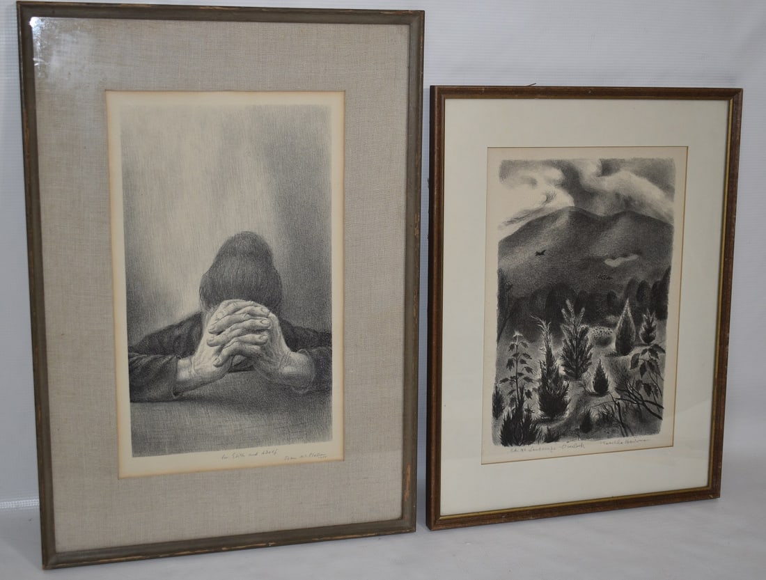 (2) ETCHING'S THE PRAYER MC CLELLAN & LANDSCAPE HARTMAN: LOT (2) ETCHING'S THE PRAYER SIGNED JOHN MC CLELLAN, C. 1954, 15" X 9" SIGHT; SOFT GROUND ETCHING LANDSCAPE SIGNED ROSELLA HARTMAN (1894-1954, NEW YORK, KANSAS) ED. OF 40 13" X 9" SIGHT