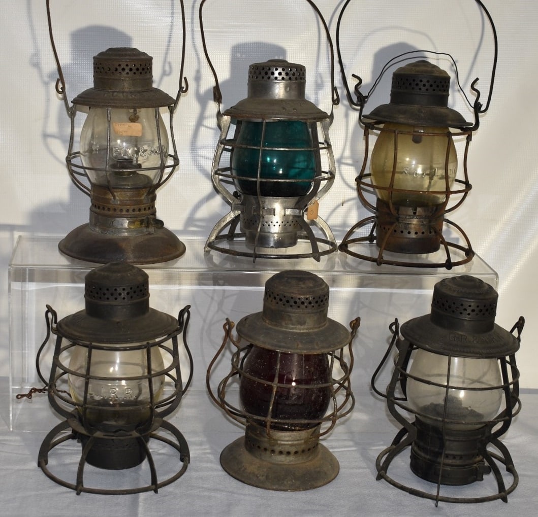 6 EARLY RR LANTERNS INCL. S.V. RR, P.C.C & O ST. L. RY.: LOT (6) EARLY RAILROAD LANTERNS INCL. S.V. RR, P.C.C & O ST. L. RY., G.R & I, LIRR, SOO LINE, 19/20TH C.