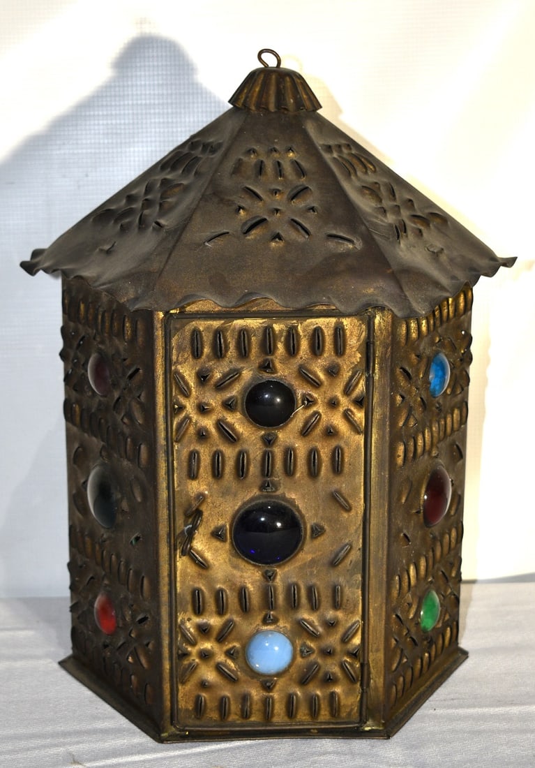 ARTS & CRAFTS PUNCHED COPPER/JEWELED CANDLE LANTERN: ARTS & CRAFTS PUNCHED COPPER/JEWELED CANDLE LANTERN, 19TH C., H.13"