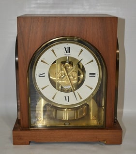 GRUEN COSMOS WALNUT SHELF CLOCK, C. 1960/70, H. 9 3/4": GRUEN COSMOS WALNUT SHELF CLOCK, C. 1960/70, H. 9 3/4"