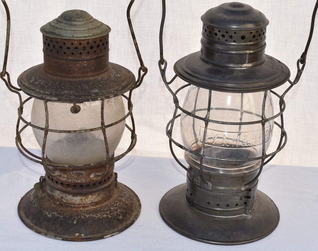2 INCL. B & M RR LANTERN W/CLEAR CAST/C & M RR LANTERN: LOT (2) INCL. B & M RAILROAD LANTERN W/N.Y. N.H. & H. RR CLEAR CAST GLOBE & C & M RAILROAD LANTERN, 19/20TH C.