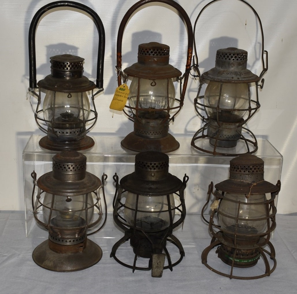 6 EARLY RR LANTERNS INCL. RUTLAND RR, C & A, C.H. & D: LOT (6) EARLY RAILROAD LANTERNS INCL. RUTLAND RR, C & A, C.H. & D, V.P. RY., NY LE & W, 19/20TH C.