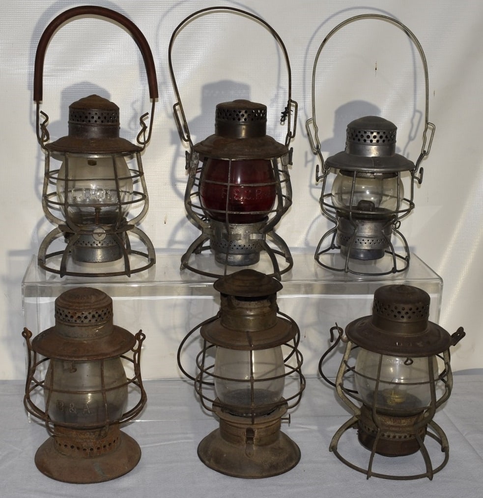 6 RR LANTERNS INCL. A.C.L, F.E.C RY, I.H.B, LIRR, A & H: LOT (6) EARLY RAILROAD LANTERNS INCL. A.C.L, F.E.C RY., I.H.B, LIRR, A & H, 19/20TH C.