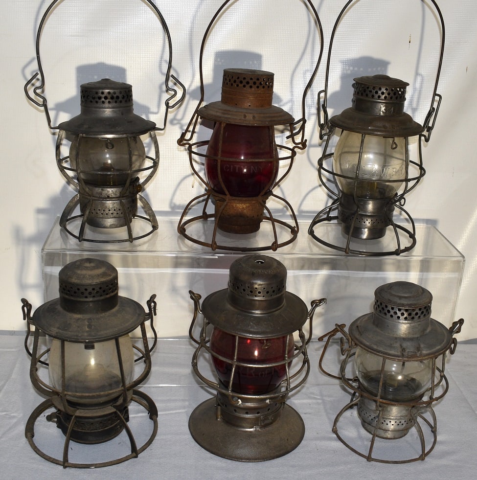 6 EARLY RR LANTERNS INCL. M.V, CPR OF NJ, PENN, D L & W: LOT (6) EARLY RAILROAD LANTERNS INCL. M.V., C.P.R. OF NJ, PENN, D.L. & W., 19/20TH C.