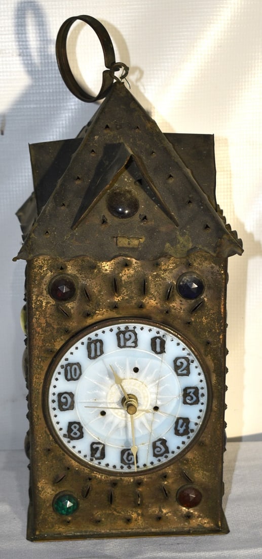 ARTS & CRAFTS PUNCHED COPPER LANTERN CLOCK, 19TH C.: ARTS & CRAFTS PUNCHED COPPER LANTERN CLOCK, 19TH C., H. 16"