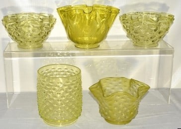 LOT (5) VICTORIAN FANCY FLUTED GAS SHADES, 19TH C.: LOT (5) VICTORIAN FANCY FLUTED GAS SHADES, 19TH C., H. 5 1/2" & 6", D. 4"