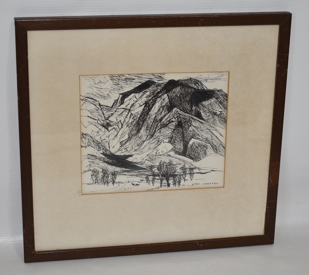 PEN/INK ACROSS THE VALLEY, SIGNED ETHEL MAGAFAN: PEN/INK ACROSS THE VALLEY, SIGNED ETHEL MAGAFAN, 1894 - 1984, NEW YORK, WOODSTOCK, COLORADO, C. 1960, 6 X 7"