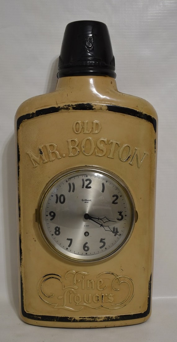 OLD MR BOSTON ADVERTISING CLOCK, C. 1950, H. 22": OLD MR BOSTON ADVERTISING CLOCK, C. 1950, H. 22"