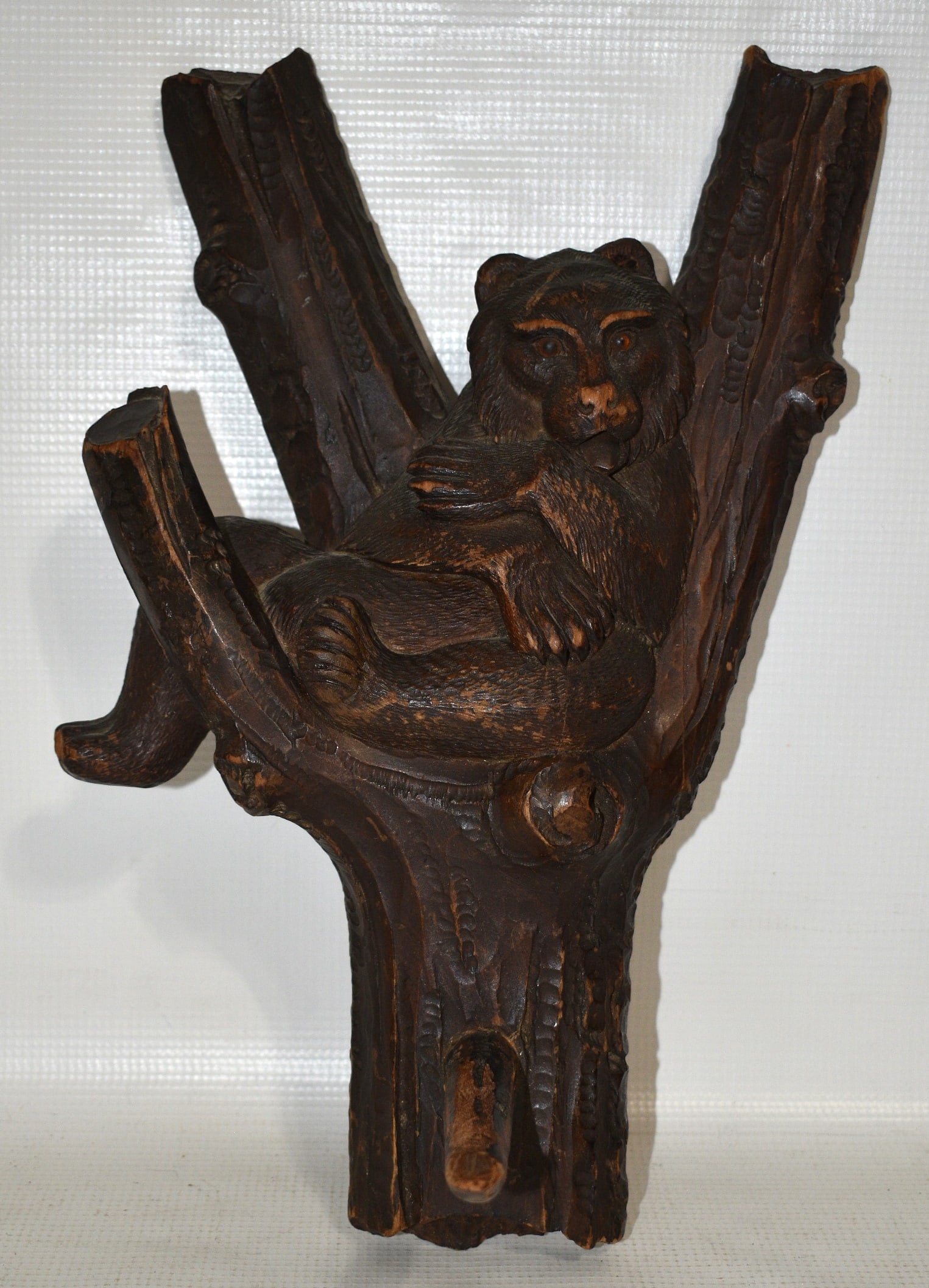 BLACK FOREST CARVED WALNUT BEAR IN A TREE HAT RACK: BLACK FOREST CARVED WALNUT BEAR IN A TREE HAT RACK, 19TH C., H. 14" W. 8"