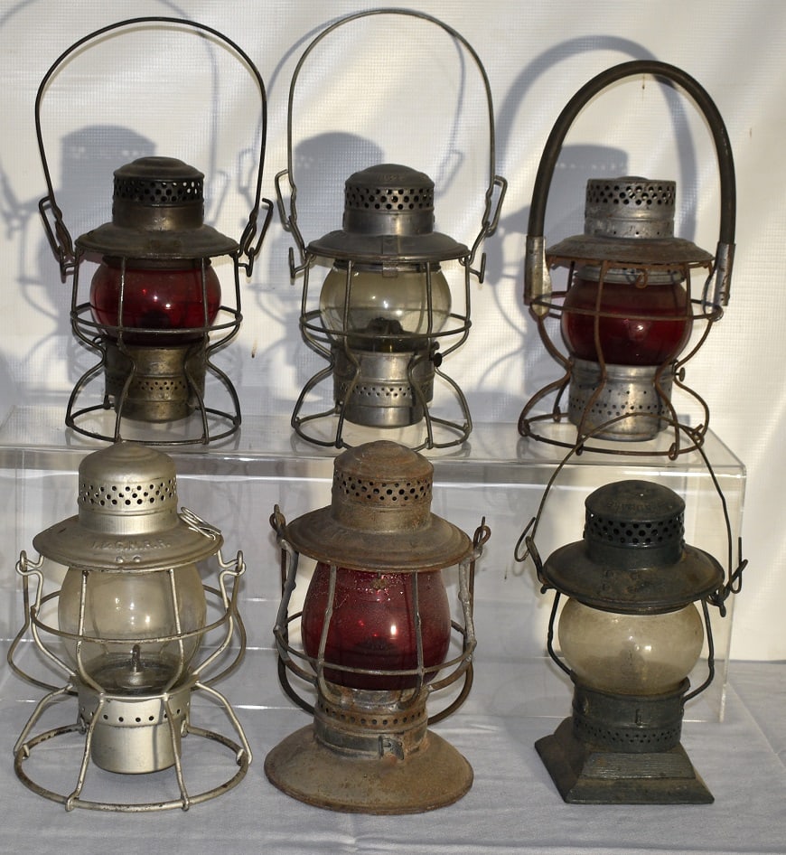 6 RR LANTERNS INCL. I &G.N, W.T &CO, C &G.T. RY, C &B.L: LOT (6) EARLY RAILROAD LANTERNS INCL. I & G.N., W.T & CO., C & G.T. RY., C & B.L., 19/20TH C.