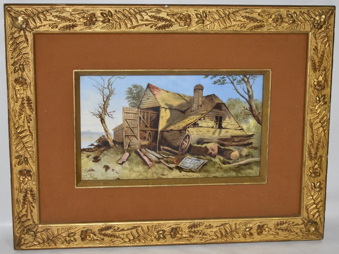 H/P STOKE ON TRENT TILE LANDSCAPE W/BARN SIGNED S.E.T.: H/P STOKE ON TRENT TILE LANDSCAPE W/BARN SIGNED S.E.T. 1881, 7" X 12" (PATENT TILE WORKS DBA MINTON, HOLLINS & CO.)