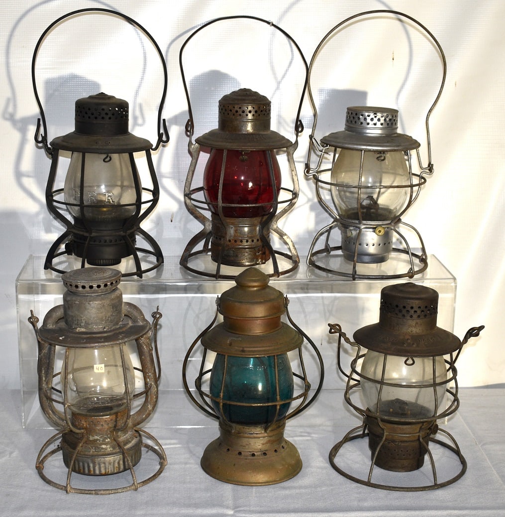 6 EARLY RR LANTERNS INCL. L & H RY, PRR, UNITED RY: LOT (6) EARLY RAILROAD LANTERNS INCL. L & H RY., P.R.R., UNITED RY., AMEX CO., NY LE & W, 19/20TH C.
