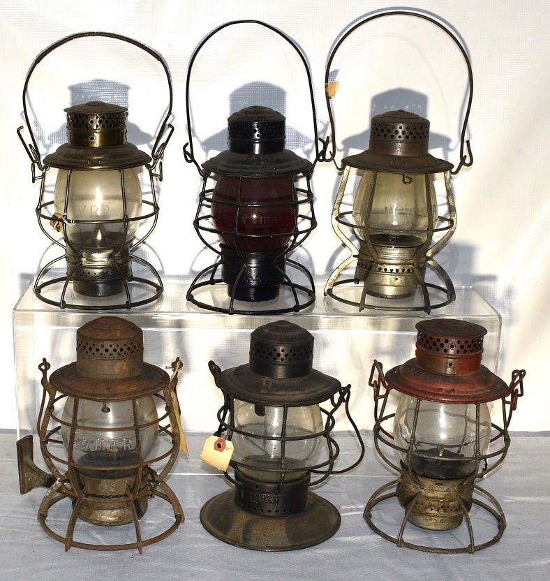 6 RR LANTERNS INCL. S.I.R.T, S.P & S. RY, V.R.R, W.M.: LOT (6) EARLY RAILROAD LANTERNS INCL. S.I.R.T., S.P. & S. RY., V.R.R., W.M.R.R., B & M, B & A, 19/20TH C.