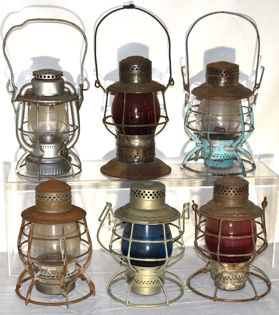 6 RR LANTERNS INCL. D&H CO., M. RY. CO., D&R.G, C.H&S.A: LOT (6) EARLY RAILROAD LANTERNS INCL. D & H CO., M. RY. CO., D & R.G., C.H & S.A. RY., B & S, P.R.R., 19/20TH C.