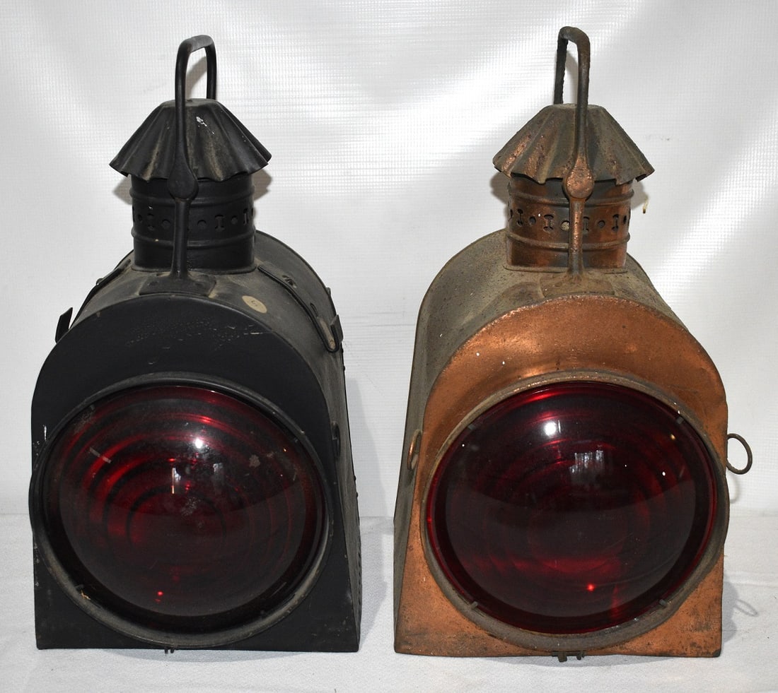 LOT (2) EARLY RAILROAD LANTERNS W/ RED LENSES, 19TH C.: LOT (2) EARLY RAILROAD LANTERNS W/ RED LENSES, 19TH C., H. 17" W. 10" D. 11"