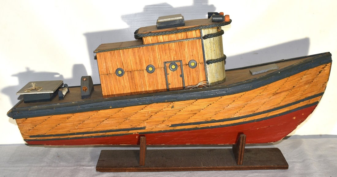 FOLK ART MATCHSTICK FISHING VESSEL, C. 1940/50: FOLK ART MATCHSTICK FISHING VESSEL, C. 1940/50, H. 13" L. 29"