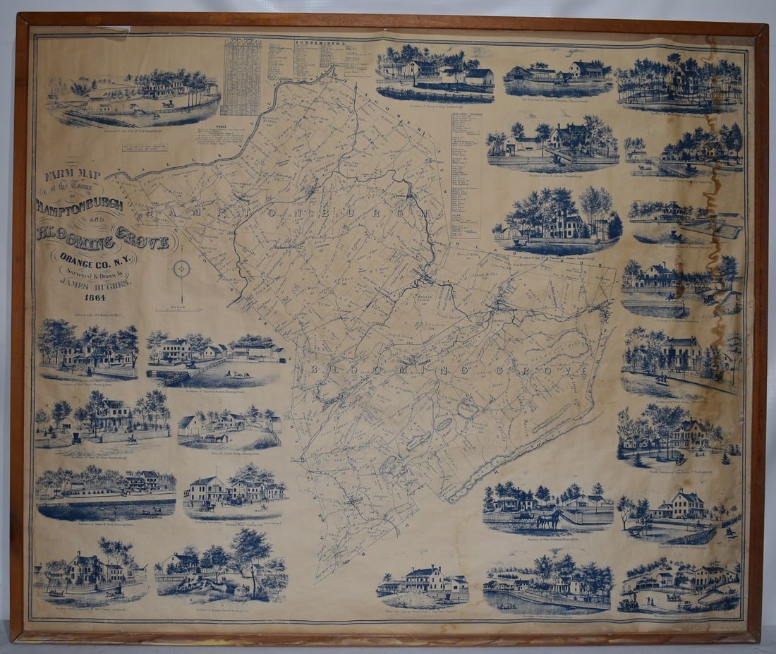 RARE MAP HAMPTONBURGH & BLOOMING GROVE ORANGE CO. NY: RARE FARM MAP HAMPTONBURGH & BLOOMING GROVE ORANGE COUNTY NY, JAMES HUGHES, 1864, H. 42" W. 51"
