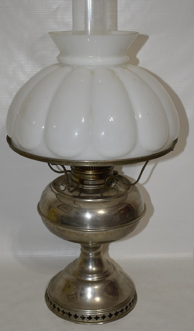 RAYO NICKEL OIL LAMP W/SHADE, 20TH C., H. 21": RAYO NICKEL OIL LAMP W/SHADE, 20TH C., H. 21" TO TOP OF CHIMNEY