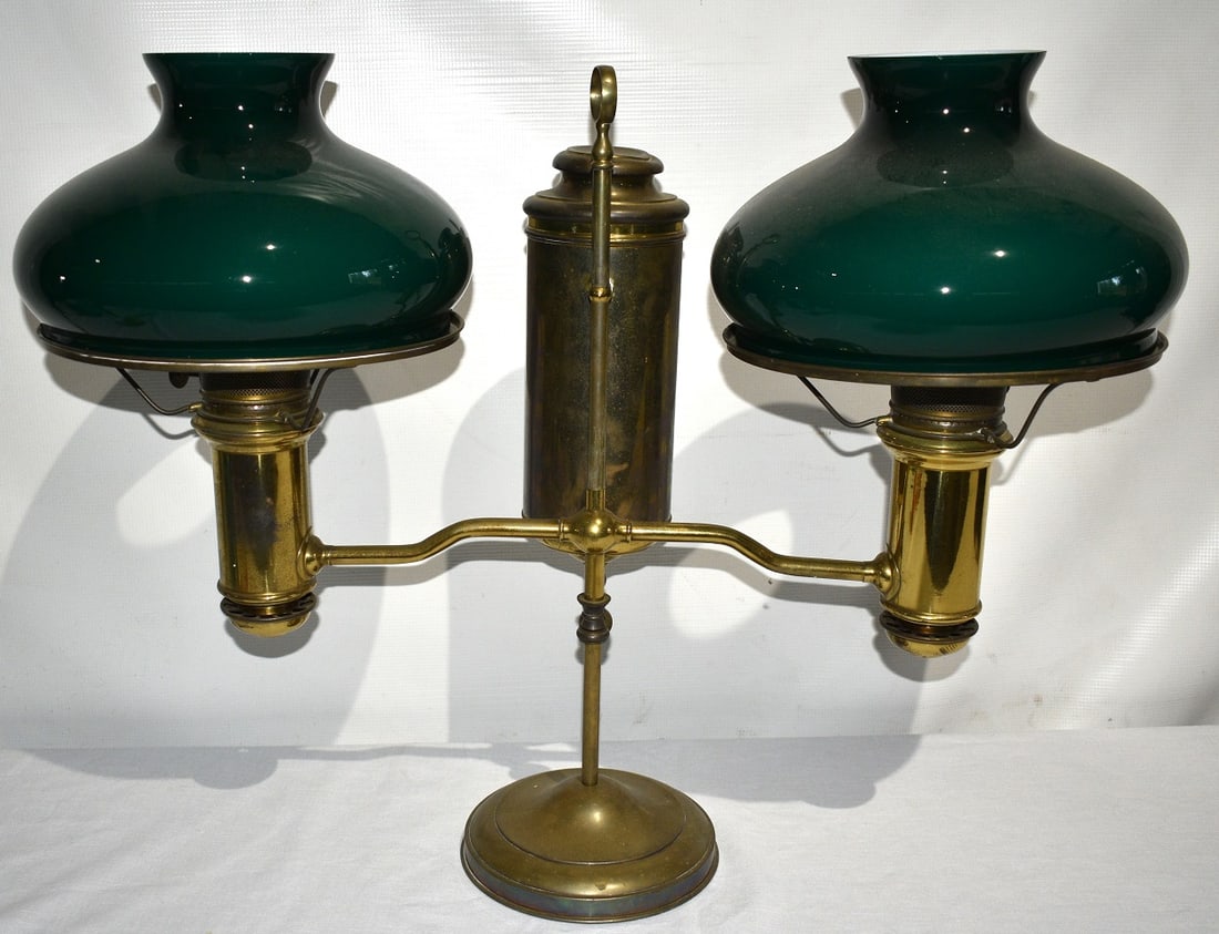 RARE RAYO DOUBLE STUDENTS LAMP W/ ALL ORIG. FITTINGS: RARE RAYO DOUBLE STUDENTS LAMP W/ ALL ORIG. FITTINGS, C. 1870/80, H. 21" W. 28"