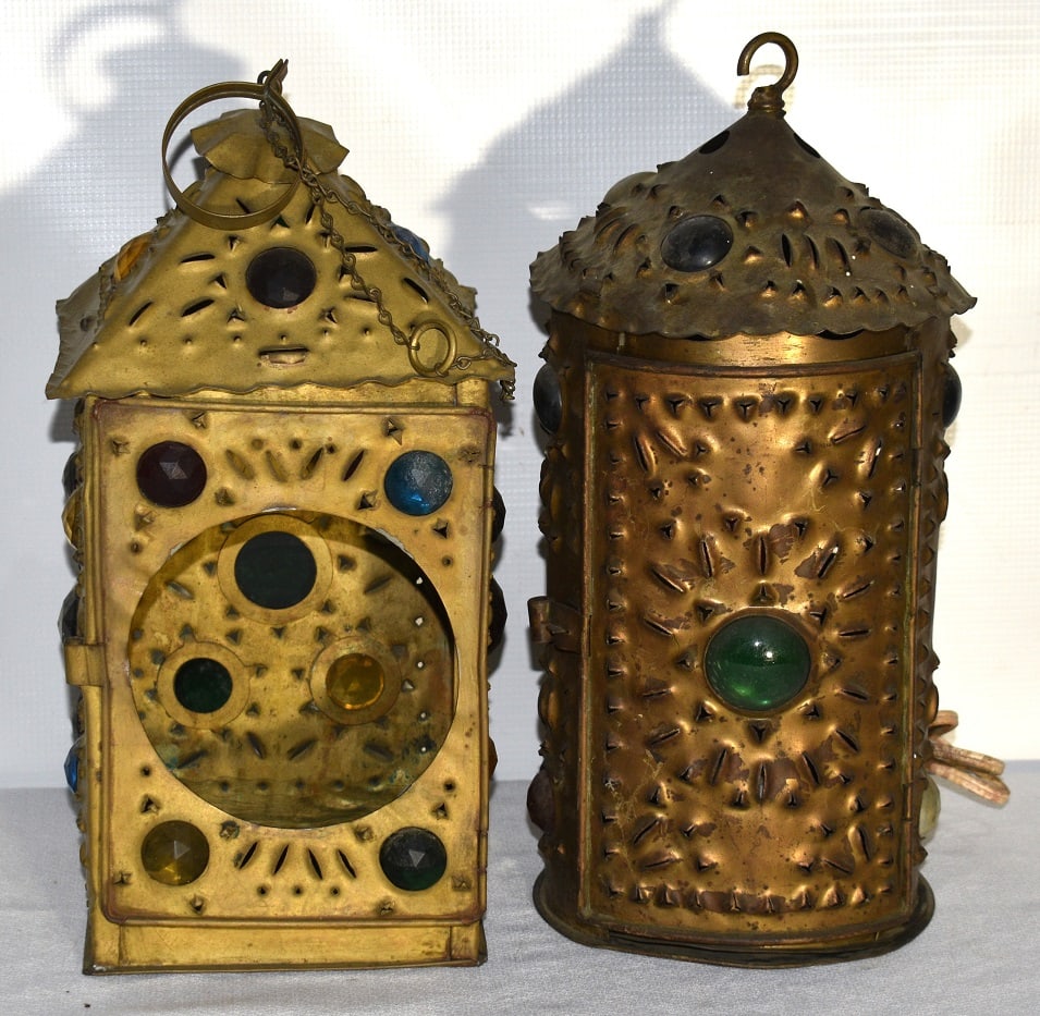 LOT (2) VICTORIAN COPPER JEWELED CANDLE LANTERNS: LOT (2) VICTORIAN COPPER JEWELED CANDLE LANTERNS, 19TH C.