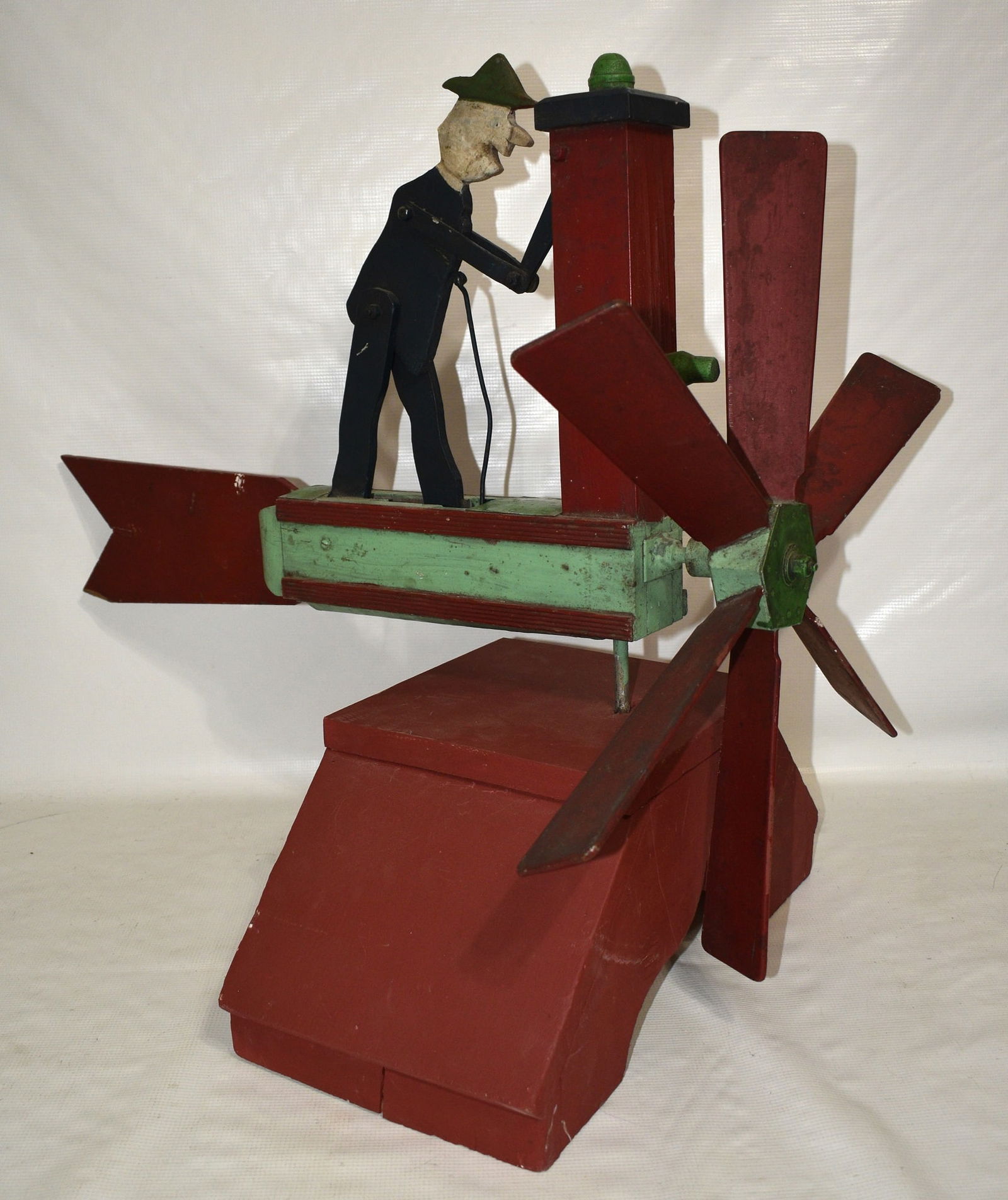 FOLK ART CARVED/PAINTED WHIRLY-GIG PUMPING WELL WATER: FOLK ART CARVED/PAINTED WHIRLY-GIG PUMPING WELL WATER, 19/20TH C., H. 25" L. 28"