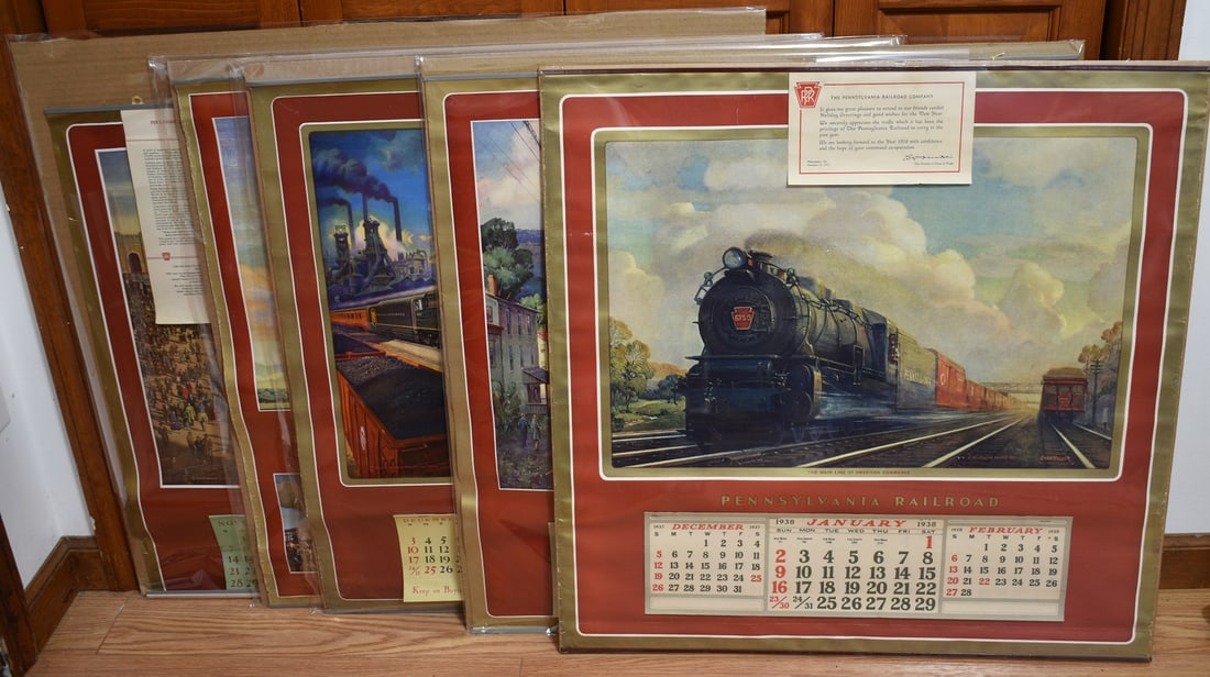 5 PENN. RR CALENDARS INCL. 1938, 1945, 1946, 1947 &: LOT (5) ASSORTED PENNSYLVANIA RAILROAD CALENDARS INCL. 1938, 1945, 1946, 1947 & 1955