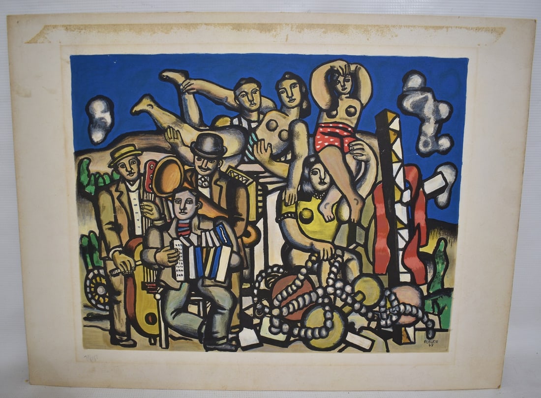 RARE LITHO ACROBATS AND MUSICIANS SIGNED IN PLATE: RARE LITHO ACROBATS AND MUSICIANS SIGNED IN PLATE F. LEGER FERNAND 1881-1955 ISSUED MAEGHT EDITEUR PARIS #7/150 WITH BLIND STAMP, C. 1959/60, 17 1/4" X 23"