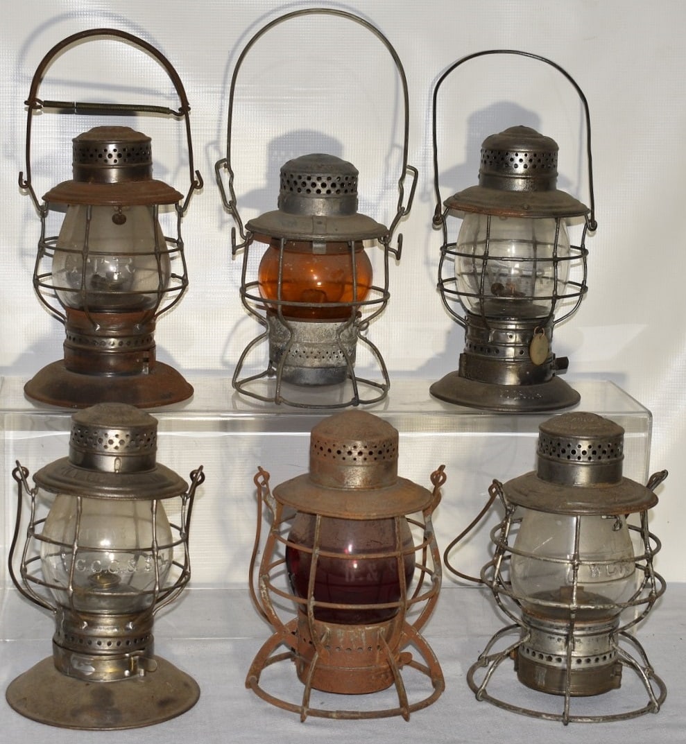 6 RR LANTERNS INCL. GTR., B&S, ERIE, W.C., NYC, ST.L RY: LOT (6) EARLY RAILROAD LANTERNS INCL. G.T.R., B & S, ERIE, W.C., NYC, ST.L. RY., 19/20TH C.