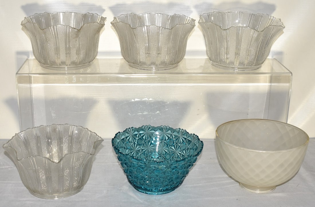 LOT (6) VICTORIAN FANCY FLUTED GAS SHADES: LOT (6) VICTORIAN FANCY FLUTED GAS SHADES, H. 4 3/4" D. 4" & 5"