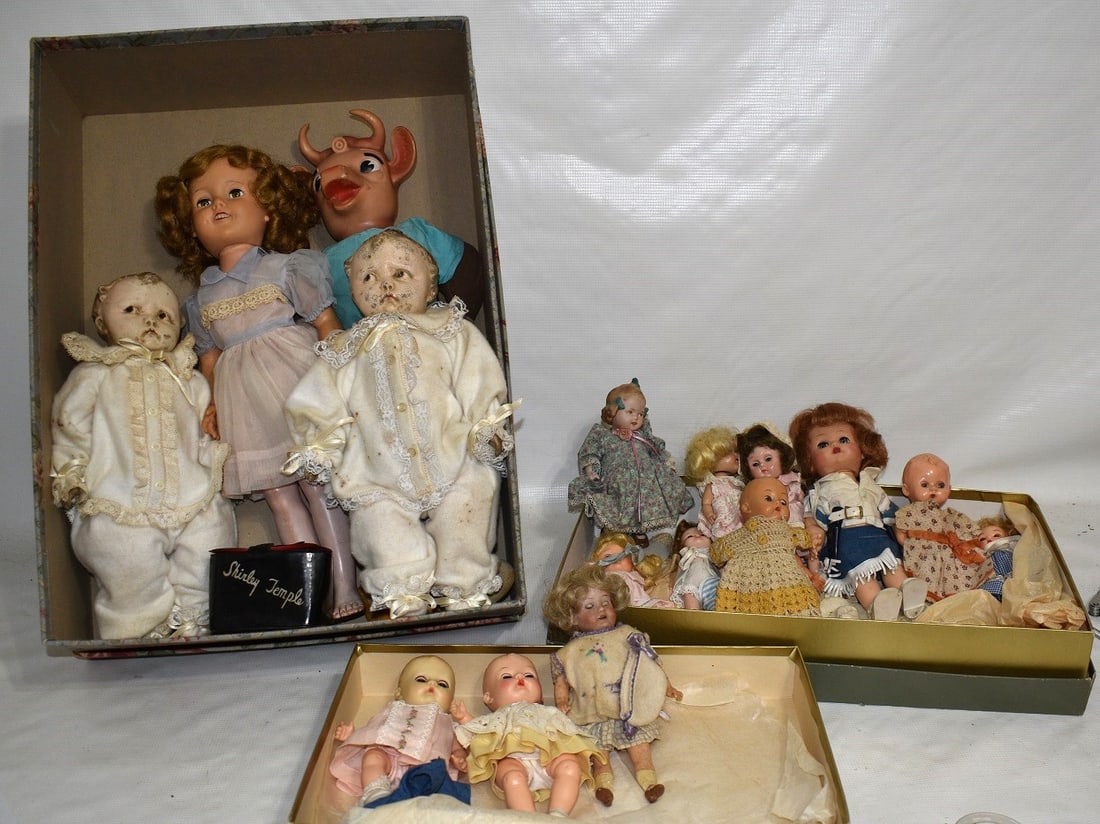 ASST. VINT. DOLLS INCL. BISQUE, SHIRLEY TEMPLE, ELSIE BORDEN: LOT ASSORTED VINTAGE DOLLS INCL. BISQUE, SHIRLEY TEMPLEM ELSIE BORDEN