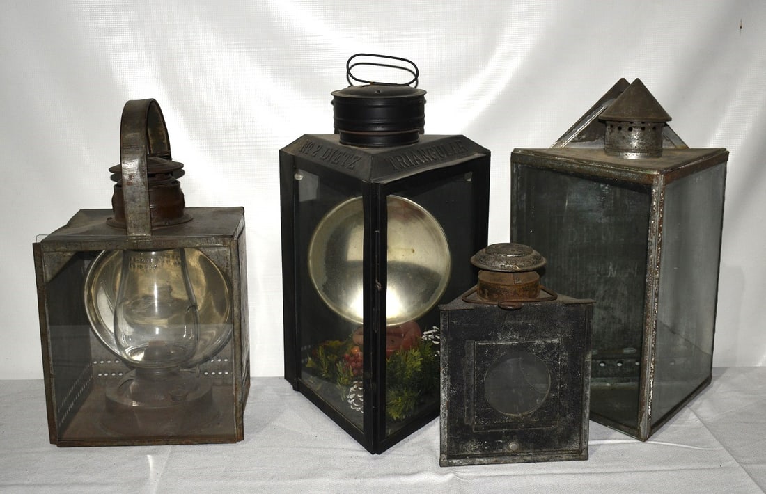 (4) EARLY TOLEWARE RAILROAD LANTERNS INCL. TRIANGULAR: LOT (4) EARLY TOLEWARE RAILROAD LANTERNS INCL. TRIANGULAR, H. 18" W. 12" D. 12"