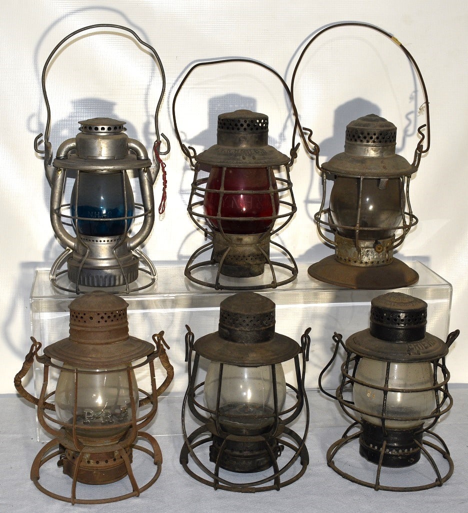 6 RR LANTERNS INCL. ERIE, NY NH & H, SOO LINE, B & A.: LOT (6) EARLY RAILROAD LANTERNS INCL. ERIE, NY NH & H, SOO LINE, B & A., 19/20TH C.