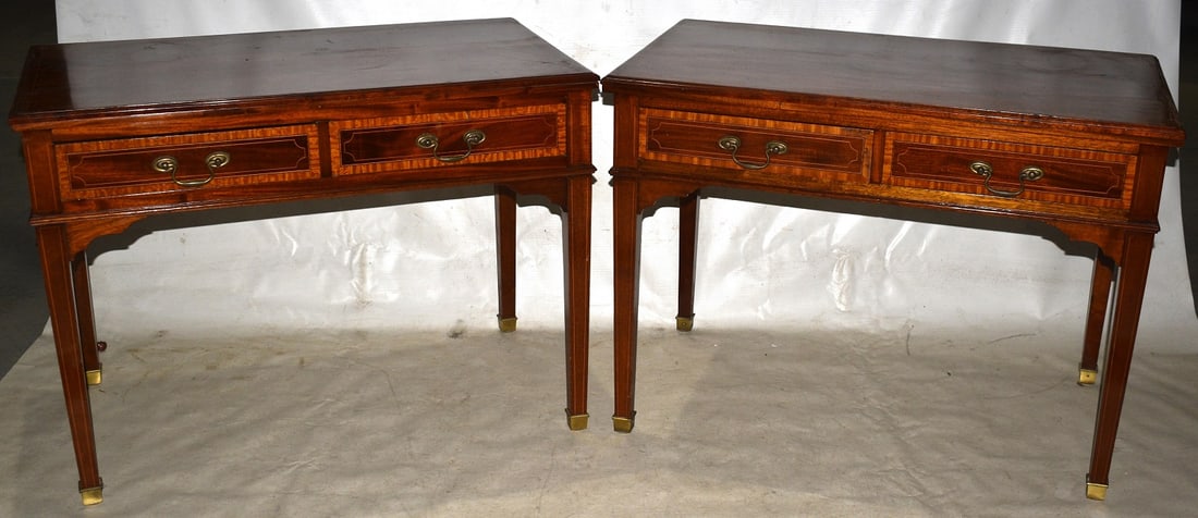 PR FEDERAL STYLE INLAID 2 DRAWER STANDS SIGNED SMEE: PAIR FEDERAL STYLE INLAID 2 DRAWER STANDS SIGNED SMEE & COBAY, LONDON, C. 1920, H. 26", W. 36", D. 21"