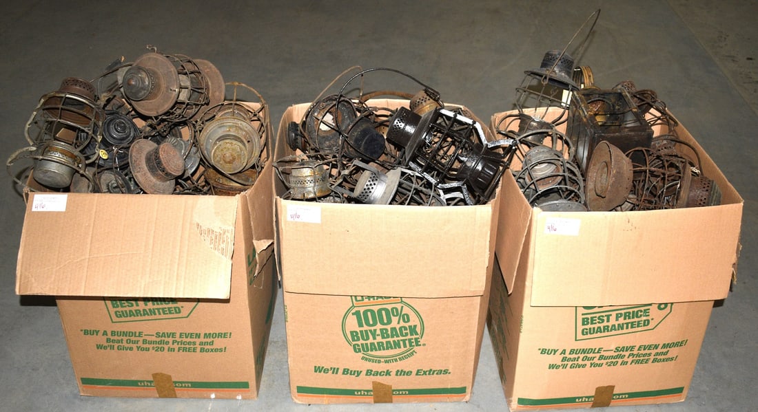3 BOXES RR HAND LANTERN SHELLS/BASKETS, SOME W/O BURNER: LOT (3) BOXES RAILROAD HAND LANTERN SHELLS/BASKETS, SOME WITH OUT BURNERS (NO GLOBES)