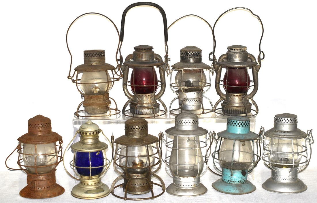 10 RR LANTERNS INCL. B & LE, P & WV, J.T. CO., B.E.R.R: LOT (10) EARLY RAILROAD LANTERNS INCL. B & LE, P & WV, J.T. CO., B.E.R.R, K.C.S. RY, MO.PAC, 19/20TH C.
