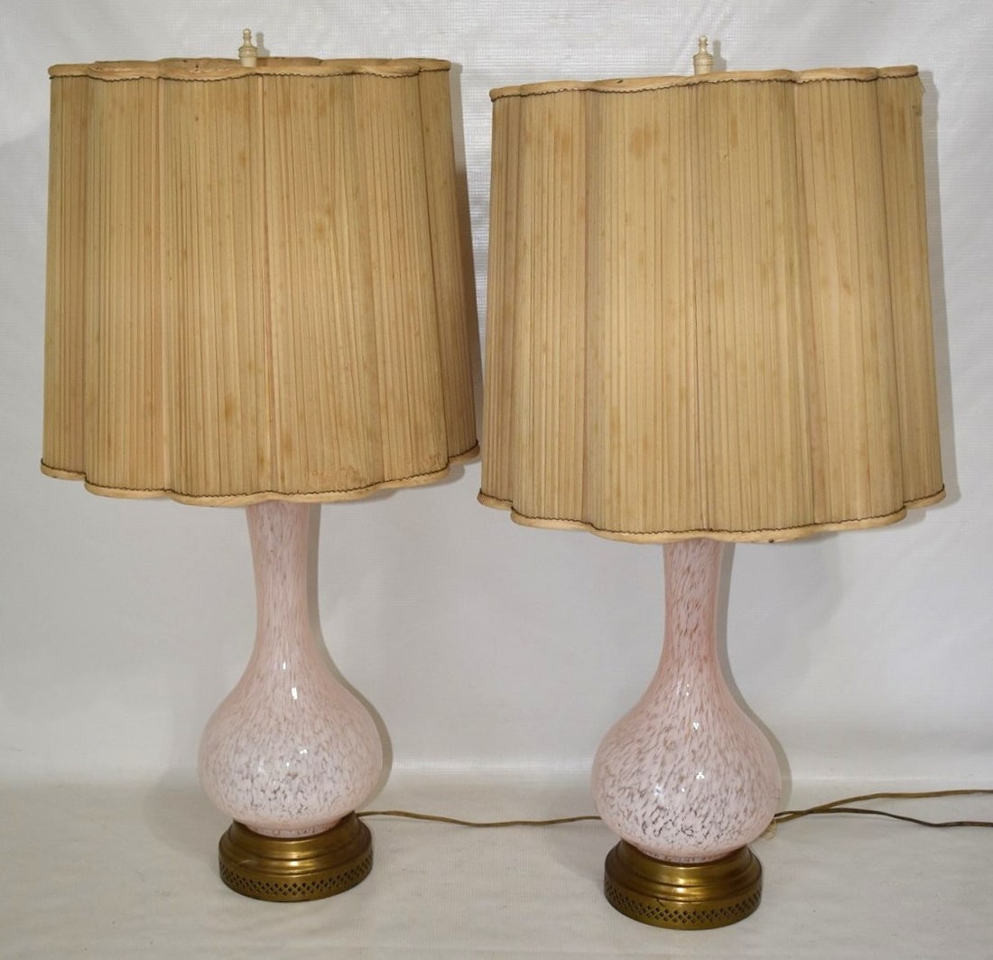 PAIR DECO PINK END OF DAY GLASS LAMPS, 20TH C.: PAIR DECO PINK END OF DAY GLASS LAMPS, 20TH C., H. 30"