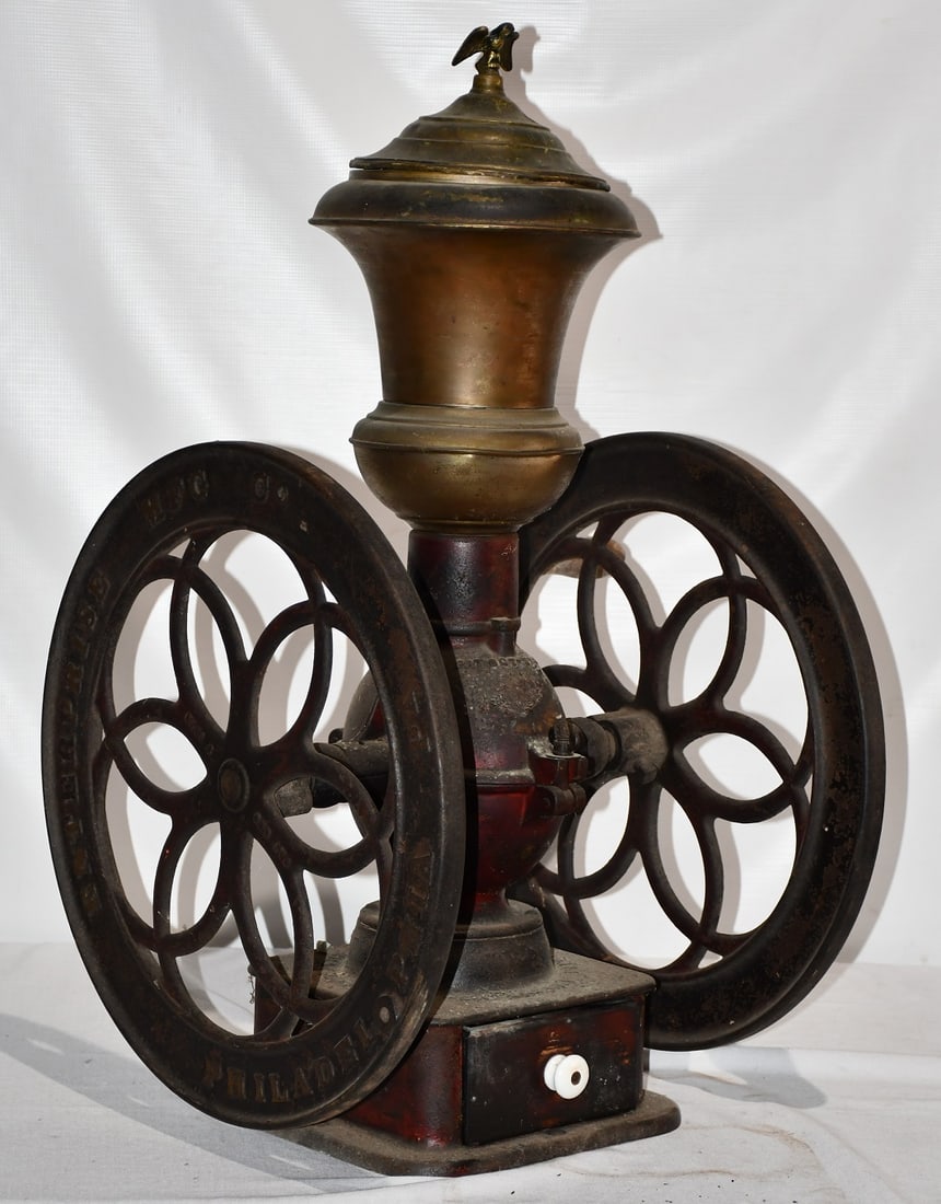 LARGE ENTERPRISE CAST IRON COFFEE MILL, 19TH C.: LARGE ENTERPRISE CAST IRON COFFEE MILL, 19TH C., H. 33", W. 17""