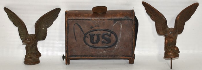 LOT (3) VINTAGE CARTRIDGE BOX W/2 FLAG POLE TOPPERS