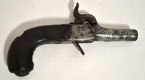 BELGIUM PERCUSSION SINGLE SHOT 40 CAL. POCKET PISTOL: BELGIUM PERCUSSION SINGLE SHOT 40 CAL. POCKET PISTOL, C. 1850