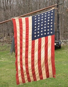 RARE 48 STAR AMERICAN FLAG W/BOAT POLE & FINIAL, C 1940