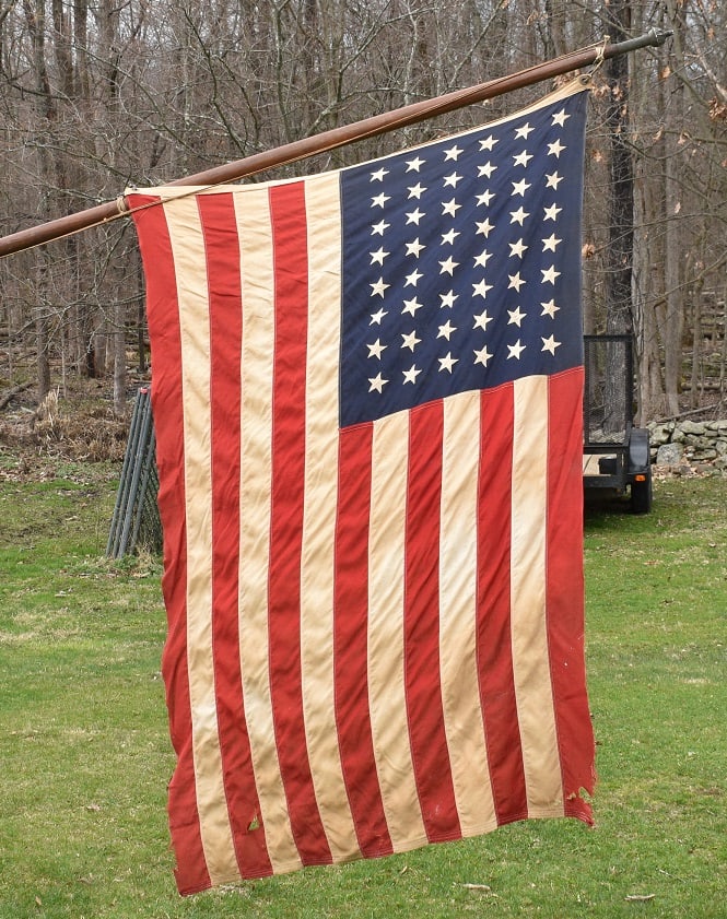 RARE 48 STAR AMERICAN FLAG W/BOAT POLE & FINIAL, C 1940: RARE 48 STAR AMERICAN FLAG W/BOAT POLE & FINIAL, C. 1940, 4' X 7'