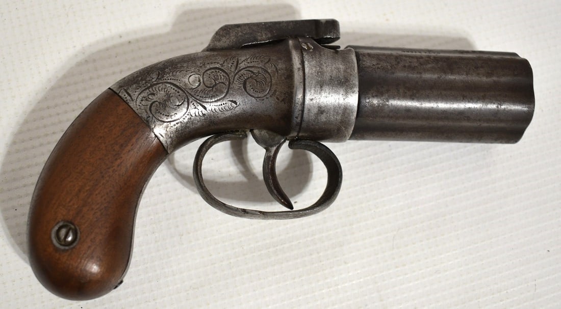 MANHATTAN ARMS CO. 32 CAL. 6 SHOT PEPPER-BOX PISTOL: ANTIQUE MANHATTAN ARMS CO. 32 CAL. 6 SHOT PEPPER-BOX PERCUSSION PISTOL, C. 1850/60