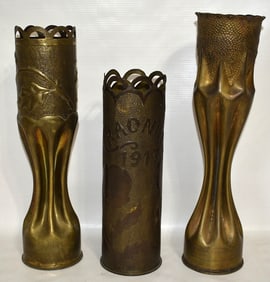 LOT (3) WWI TRENCH ART BRASS 75 CAL. SHELLS, C. 1917