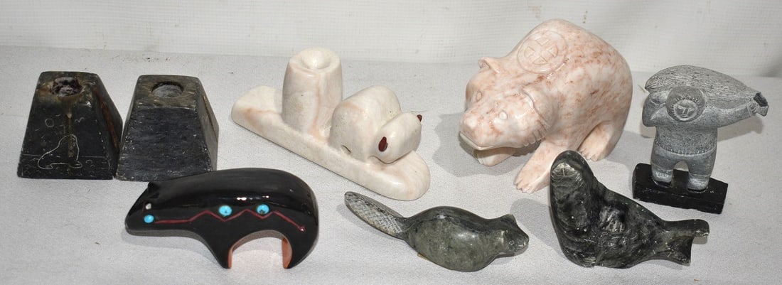 LOT (8) NORTHWEST COAST CARVED SOAPSTONE FIGURES: LOT (8) NORTHWEST COAST CARVED SOAPSTONE FIGURES, 20TH C.